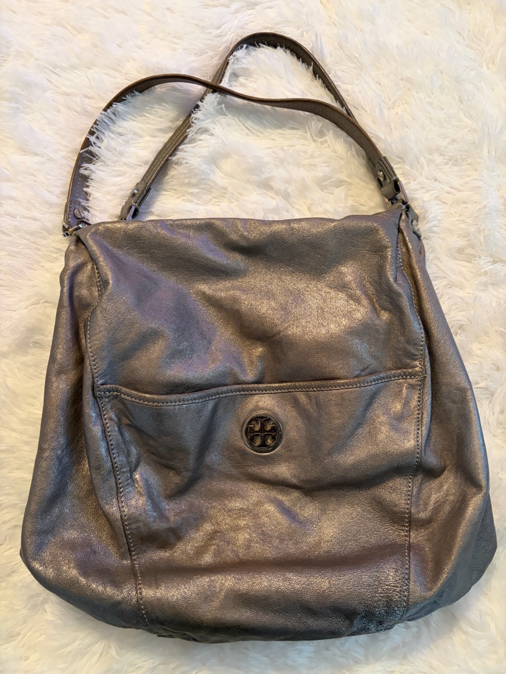 Tory Burch Metallic Gunmetal Leather Shoulder Bag